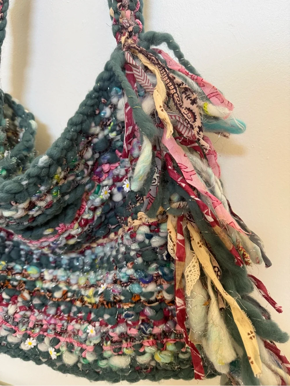 Boho Style Hand Knitted Multicolor Fringe Shoulder Bag - Green